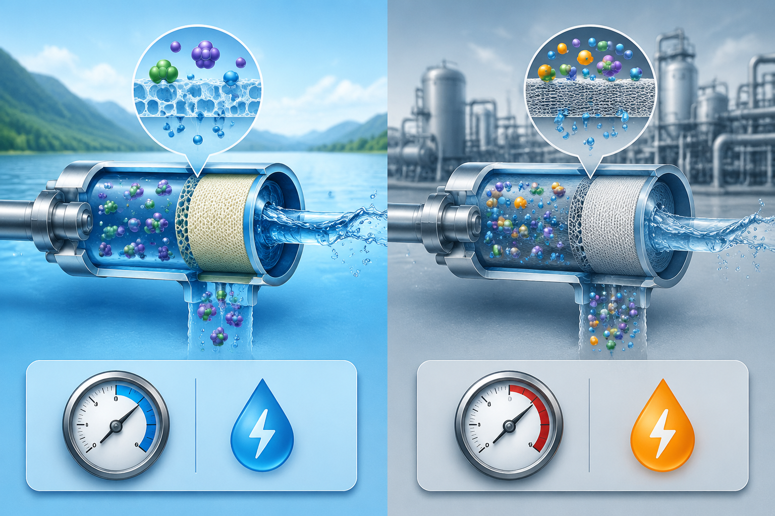 NF vs RO Energy Consumption and Operational Pressure Analysis Chart
