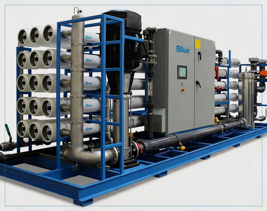 Skid-mounted SWRO assembly format with membrane array and controls