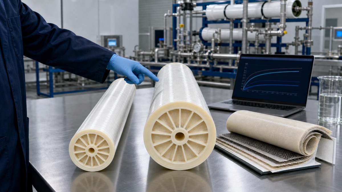 Side-by-side 4040 and 8040 spiral-wound BWRO membrane elements on an application engineering bench