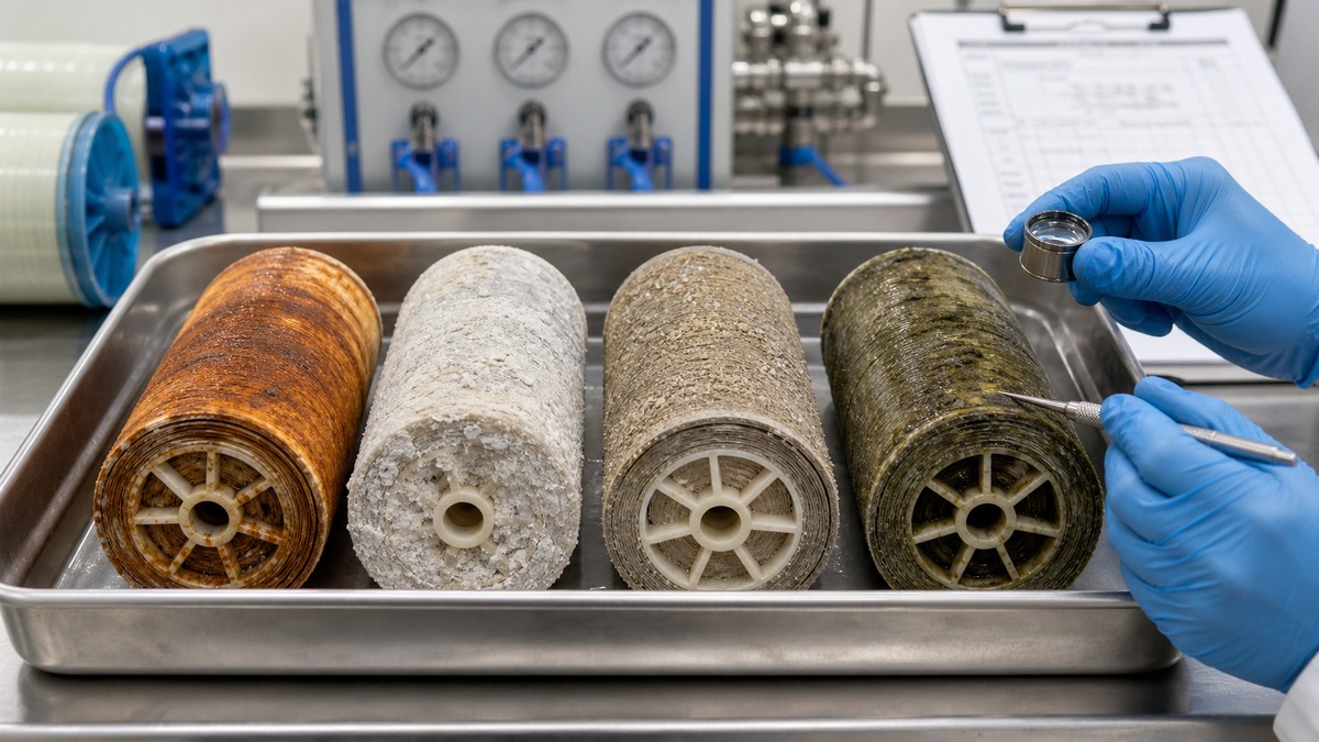 Four RO membrane samples showing iron fouling, mineral scale, particulate deposition, and biofilm during membrane autopsy