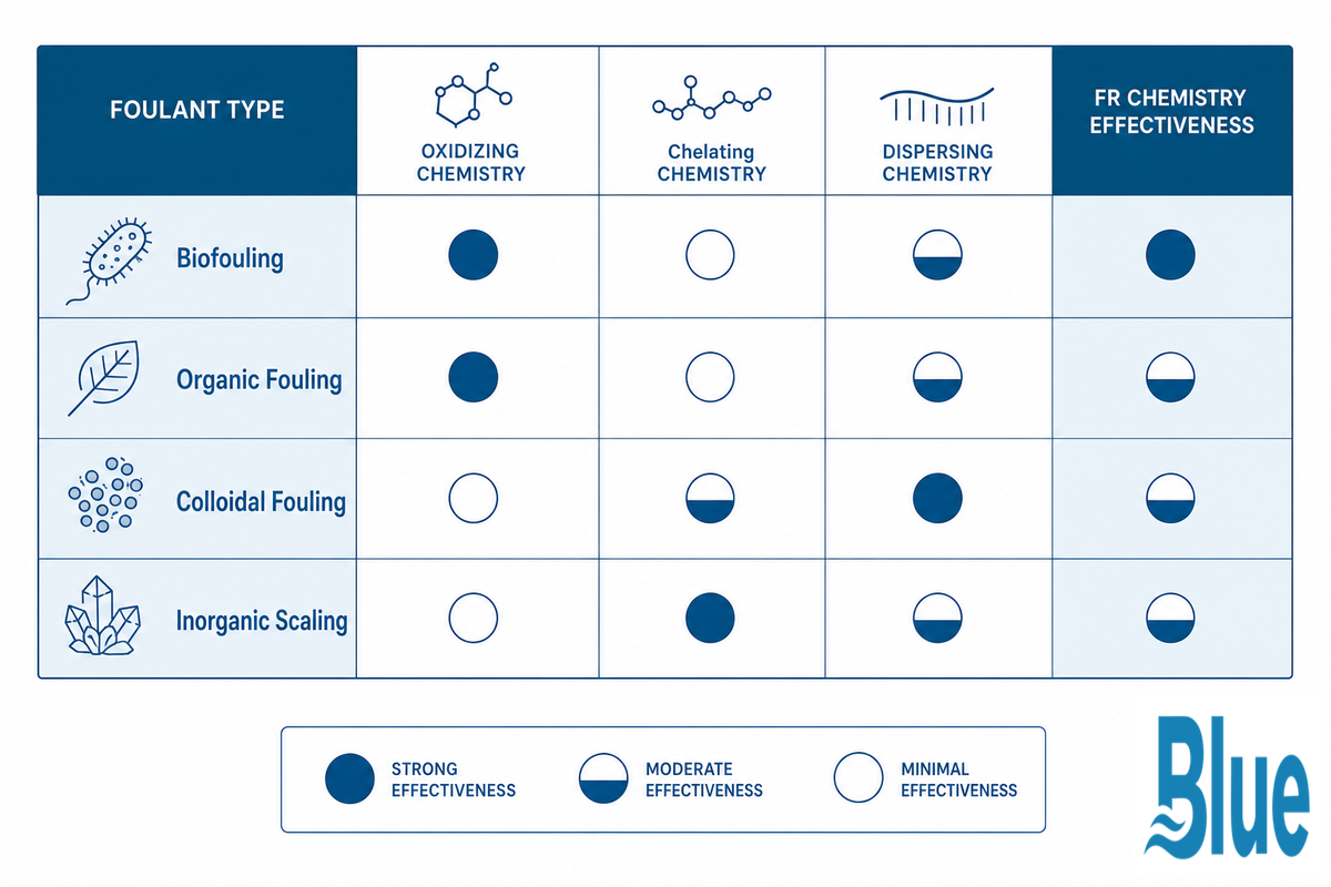 Which Foulant Types Does Fouling-Resistant Chemistry Actually Help With? The 9-Type Foulant Coverage Matrix — Blue Membrane