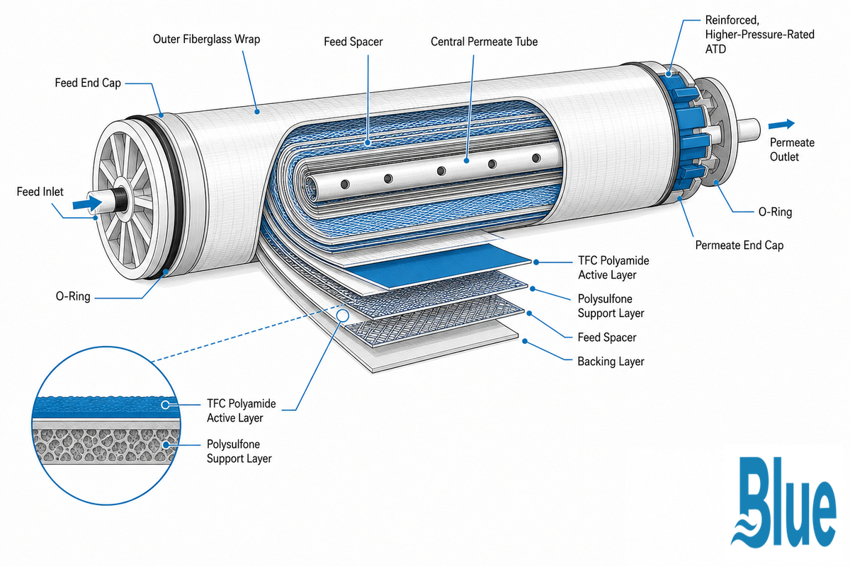 Inside a Seawater Element, Spiral-Wound Construction and What's Different at 800+ PSI — Blue Membrane
