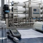 Industrial BWRO skid behind a well water sample, conductivity meter, lab report, and spiral-wound RO membrane element