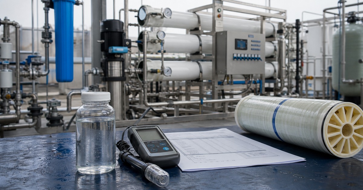 Industrial BWRO skid behind a well water sample, conductivity meter, lab report, and spiral-wound RO membrane element