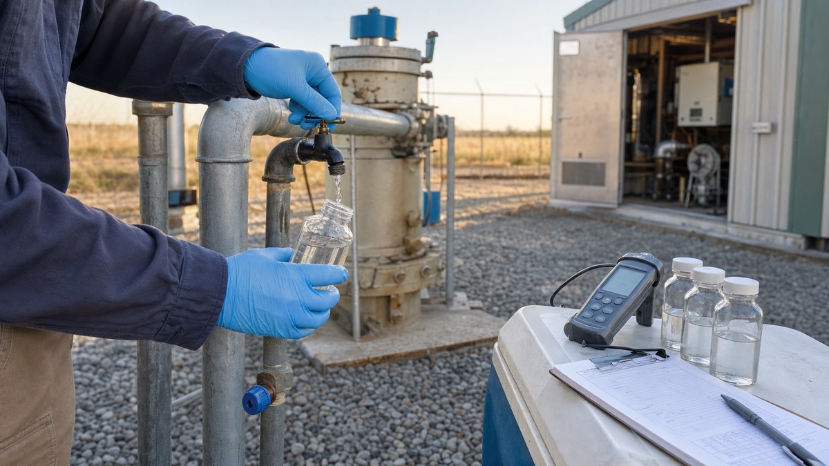Engineer collecting a well water sample beside a conductivity meter and laboratory bottles at an industrial groundwater site