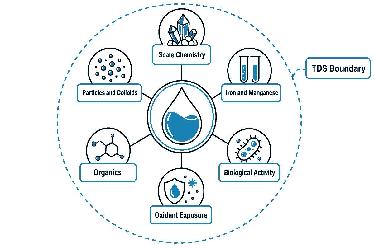 TDS alone cannot define fouling risk; feed chemistry and biology shape pretreatment (EPA, USBR)