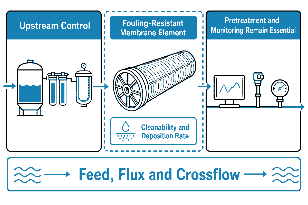 Fouling-resistant RO elements improve resilience but do not replace pretreatment or monitoring (Blue Membrane)