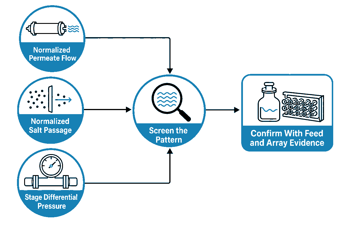 Three normalized trends screen fouling; feed and array evidence determine the cause (full-scale study)