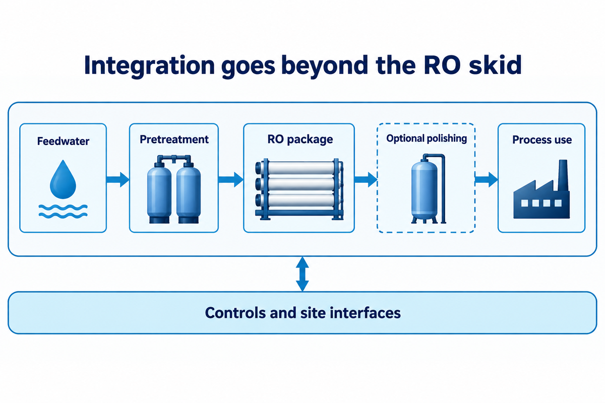 An integrated treatment train includes upstream and downstream interfaces beyond the RO skid.