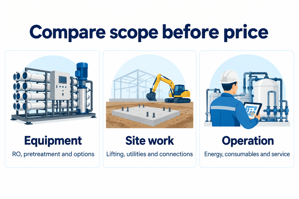 Equipment, site work and operation are separate cost scopes.