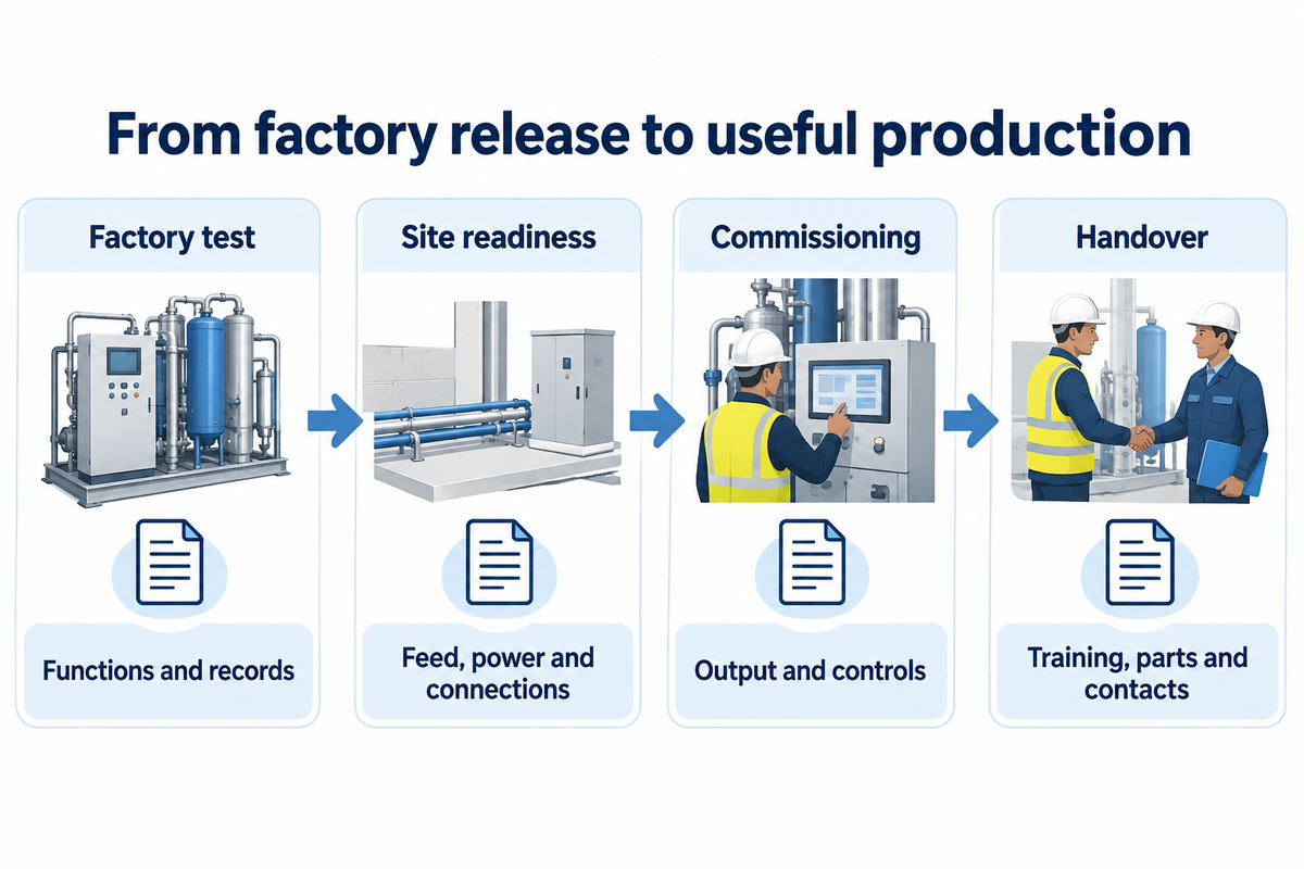 Factory tests, site readiness, commissioning and handover are separate steps.