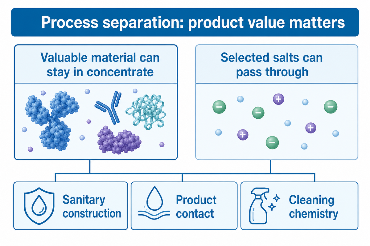 Process NF can retain valuable material in concentrate while selected salts pass.