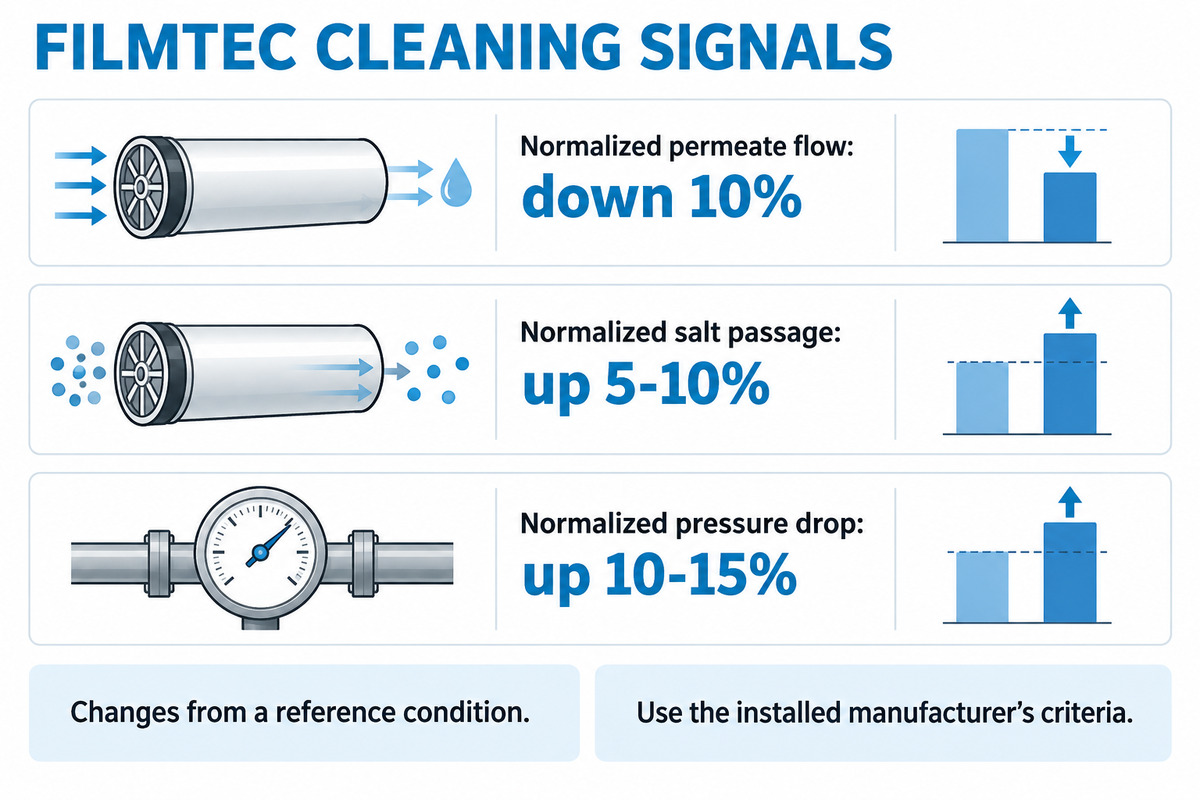 FilmTec cleaning triggers: normalized flow down10%, salt passage up5-10%, pressure drop up10-15% from reference.