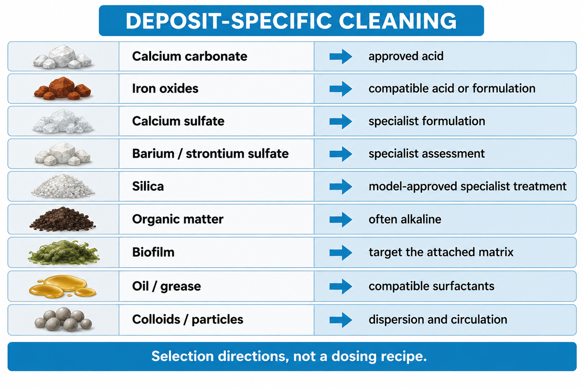 Nine deposit groups need different cleaning directions; FilmTec and Hydranautics guidance is not a dosing recipe.