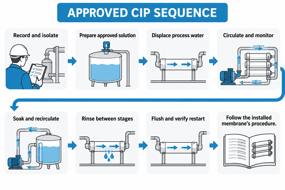 Seven CIP stages run from isolation to verified restart; Hydranautics and EPA guidance require model-specific conditions.