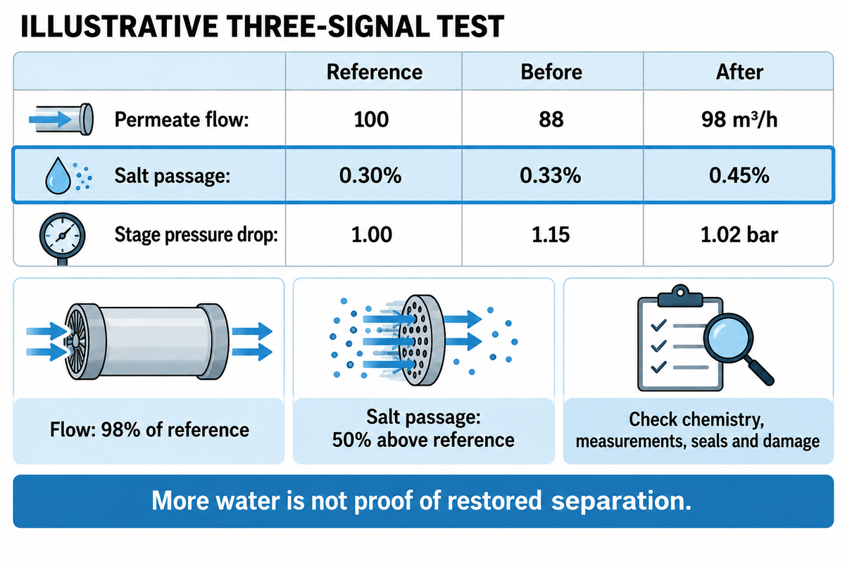 Illustrative recovery: flow98% of reference but salt passage50% higher; check separation before releasing water.
