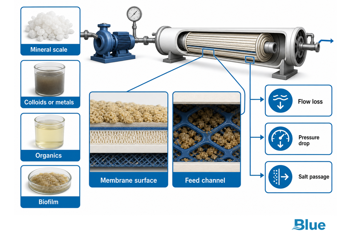 RO membrane surface and feed-channel fouling mapped to flow, pressure-drop and salt-passage changes