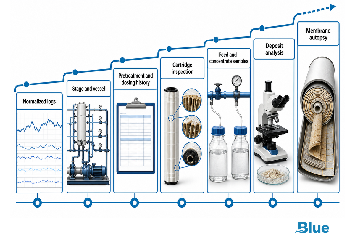 Root-cause evidence ladder from normalized RO logs to deposit analysis or membrane autopsy