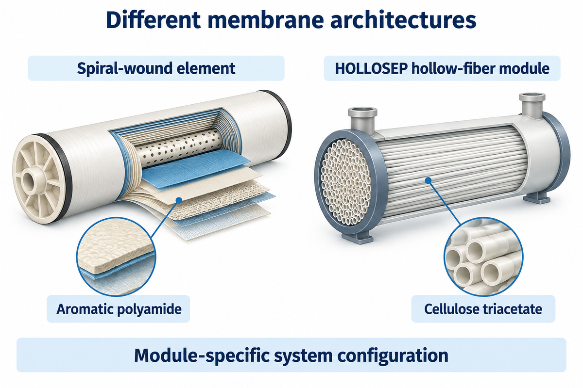 Spiral-wound and hollow-fiber modules need different configurations. Source: Toyobo and manufacturer catalogues.