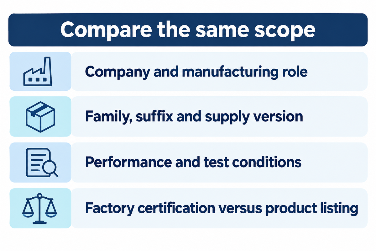 Compare company, exact model, test conditions and certification scope. Source: manufacturer guide.