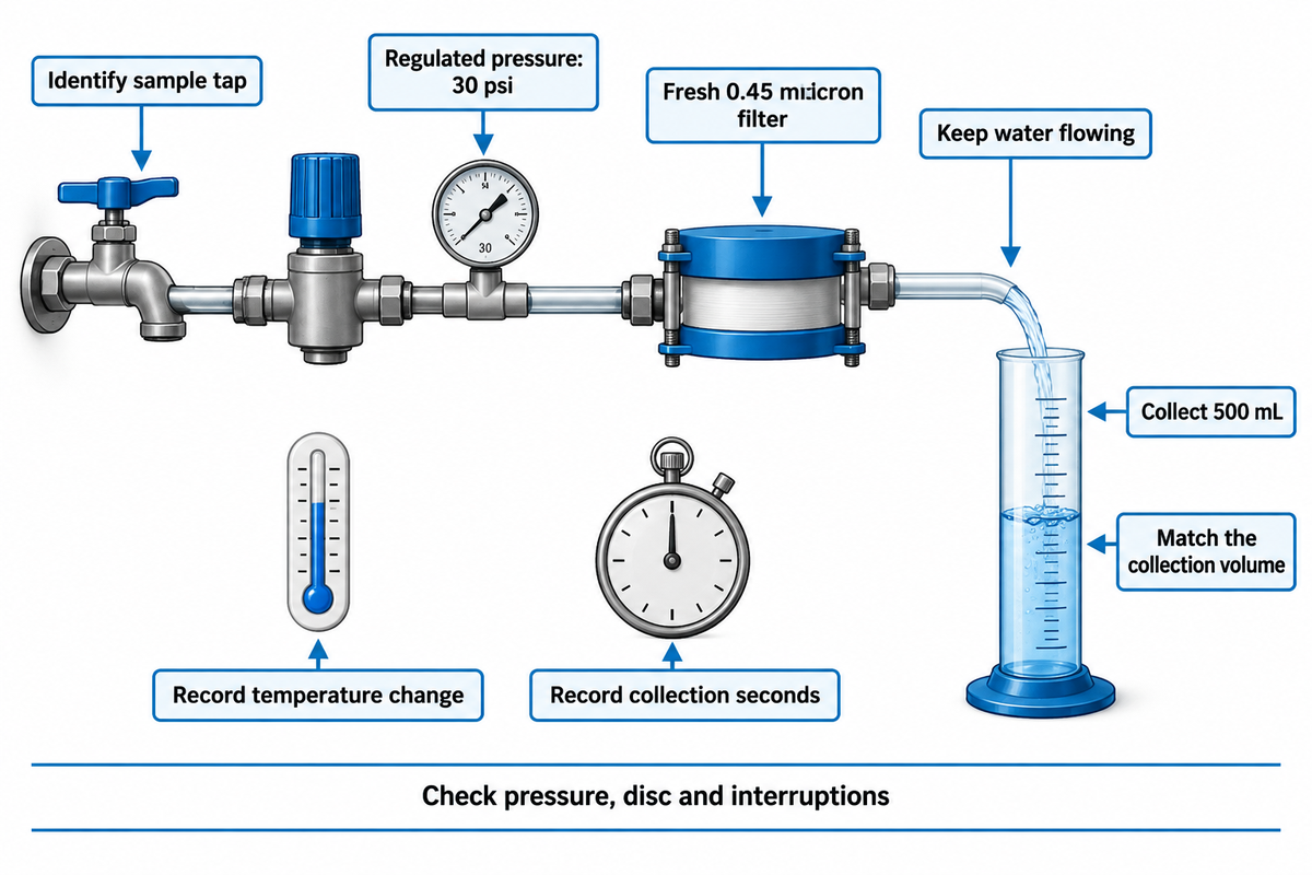 Use a 0.45 micron disc, 30 psi and matched 500 mL collections; attributed Hydranautics procedure.