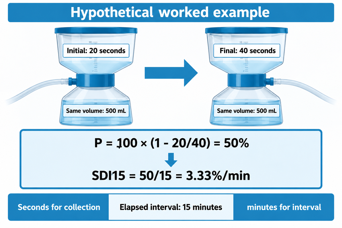 Hypothetical 20/40-second collections over 15 minutes give P=50% and SDI15=3.33; TSB113 formula.