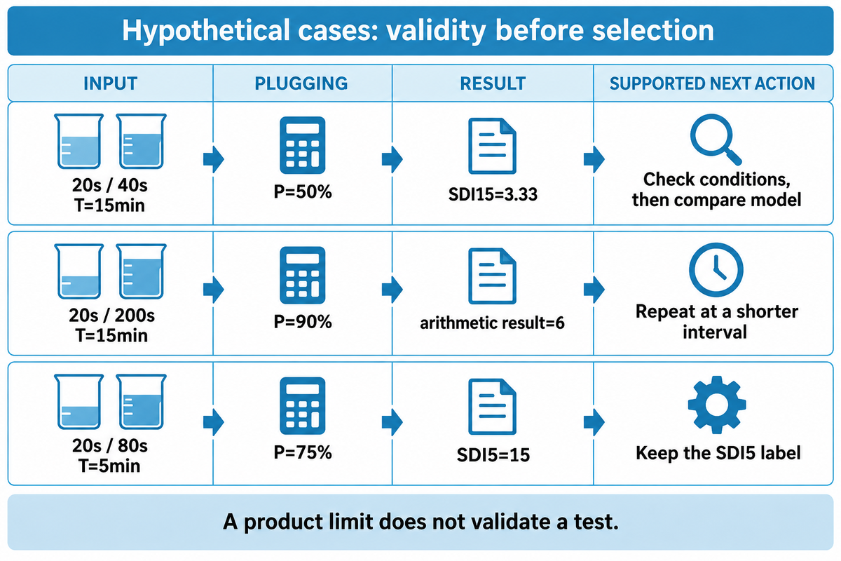 A hypothetical P=90%, 15-minute result requires a shorter rerun; product limits do not validate the test.