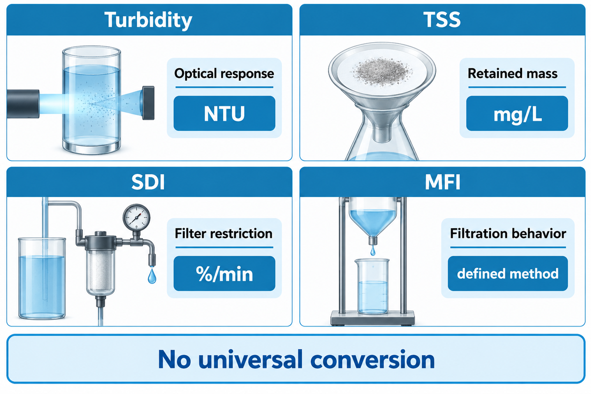 Turbidity, TSS, SDI and MFI measure different responses; ASTM D8002 and cited research support separate interpretation.