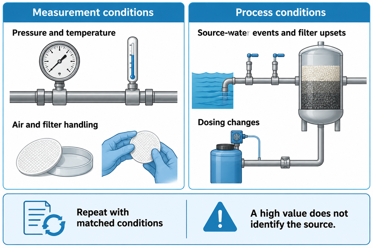 A rising SDI may reflect changed test conditions or particulate loading; repeat matched tests before diagnosis.