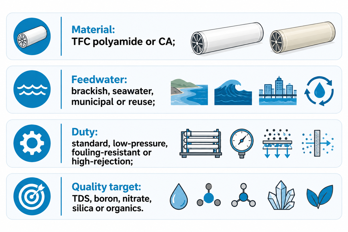 RO membrane classification by material, feedwater, duty and target permeate quality.