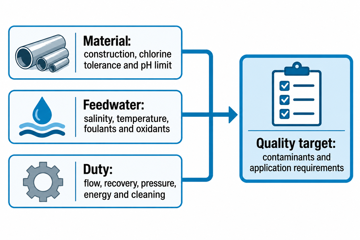 Fit-map inputs lead from material and feed analysis to duty and permeate acceptance targets.