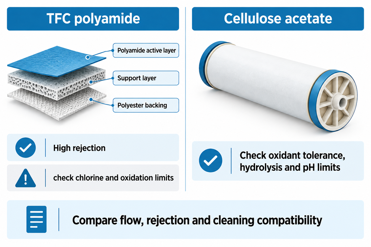 TFC polyamide and cellulose acetate comparison highlights chemical tolerance and data-sheet checks.