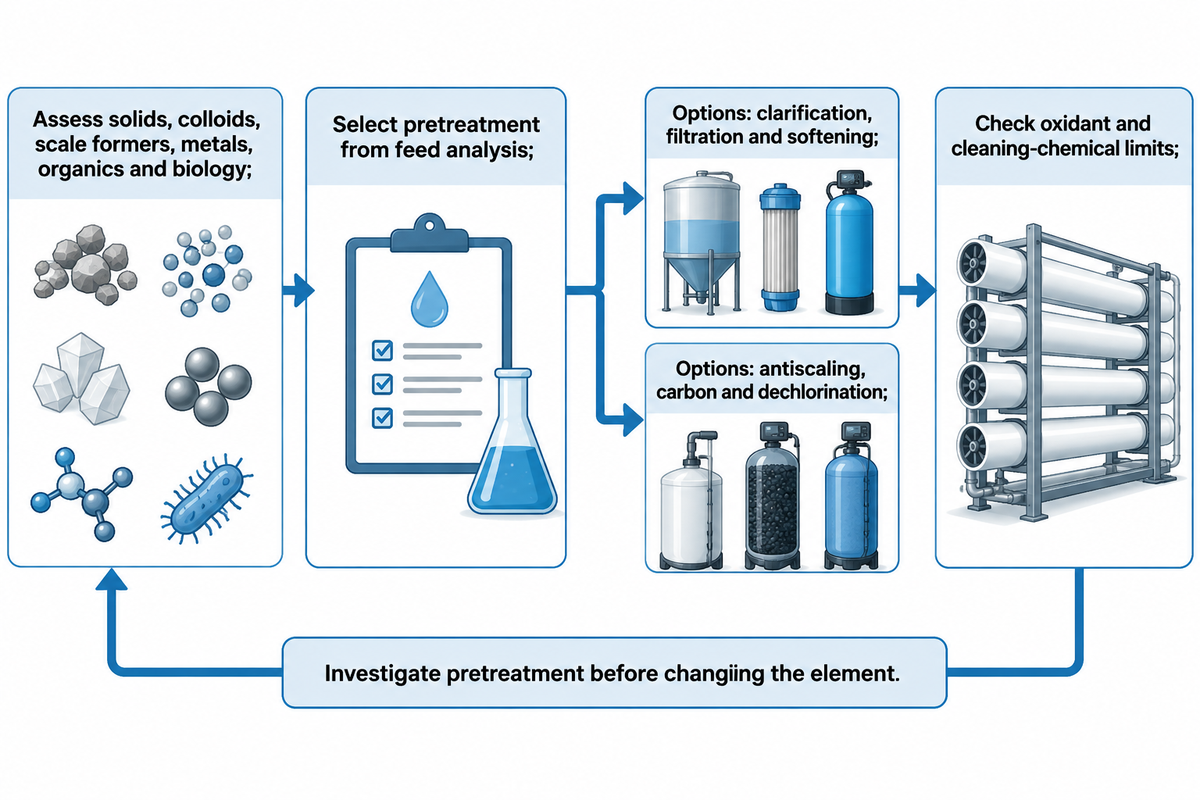 Pretreatment options depend on feed contaminants and membrane chemical compatibility.